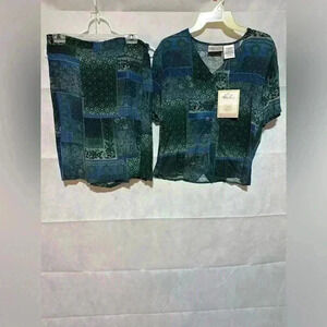 VTG 90s Y2K Kathie Lee Teal Patchwork Button Down Shirt & Skort Set Medium *NWT*